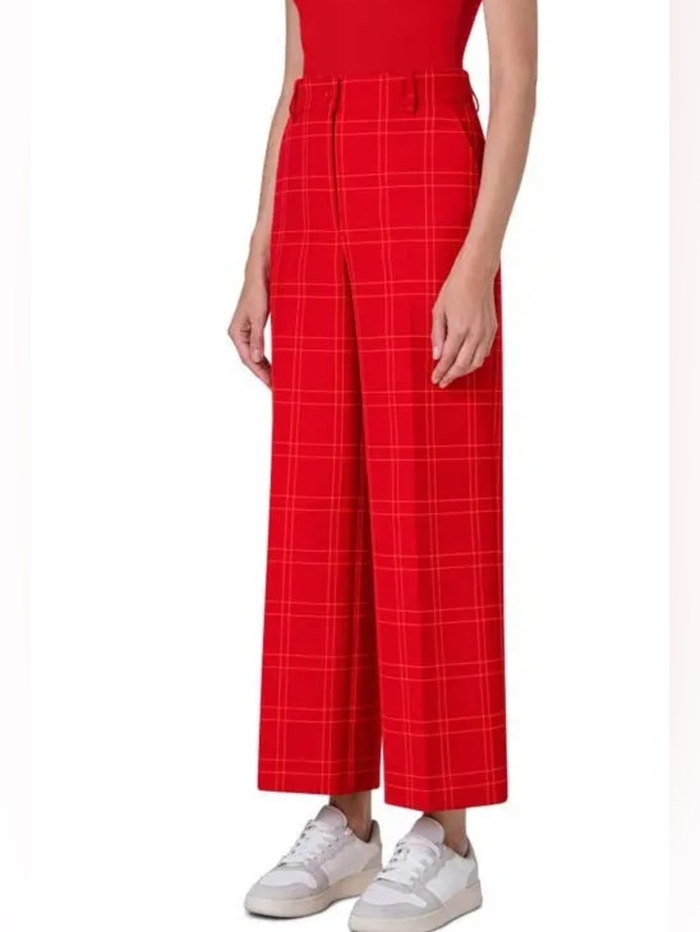Akris Punto NWT Bright Red Chiara Windowpane Plaid Pants Cropped Size US 16